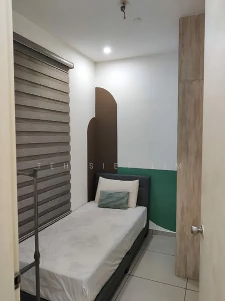 Bedroom features: single bed, grey upholstered bed frame, white bedding, striped roller blinds, green accent wall, light wood paneling, recessed ceiling lights, ceramic tile flooring; style: modern.