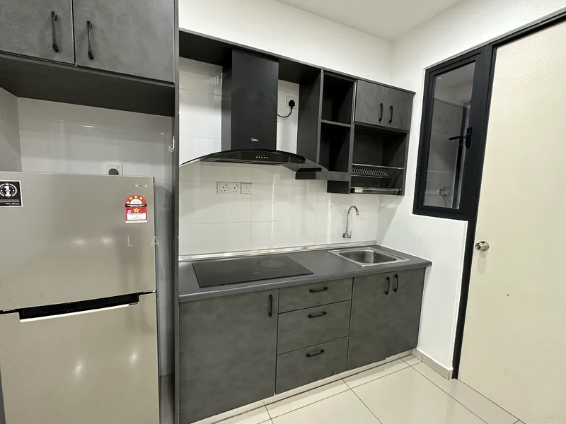 Kitchen features: grey cabinetry, stainless-steel fridge, built-in oven, 4-zone induction hob, single-bowl stainless-steel sink, chrome pull-down faucet, black extractor hood, white tiled backsplash, polished ceramic tile flooring, open shelving, wall-mounted cabinets, countertop with storage drawers, window with black frame; style: modern.