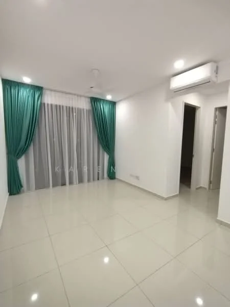 Living features: white painted walls, glossy ceramic tile flooring, floor-to-ceiling windows, sheer curtains, turquoise drapes, 1 wall-mounted split AC, recessed downlights, neutral color scheme; style: modern.