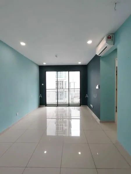 Living features: light blue painted walls, dark blue accent wall, glossy white tile flooring, recessed LED downlights, 1 wall-mounted split AC, floor-to-ceiling sliding glass door, balcony access, neutral-colored door, white ceiling; style: modern.