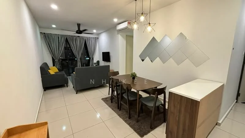 Living features: grey fabric sofa, yellow accent cushion, wooden dining table for 6, brown dining chairs, area rug with neutral color, wall-mounted TV, floor-to-ceiling windows, sheer curtains, recessed downlights, ceiling fan, decorative wall mirrors, white painted walls, ceramic tile flooring; style: modern; view: city.