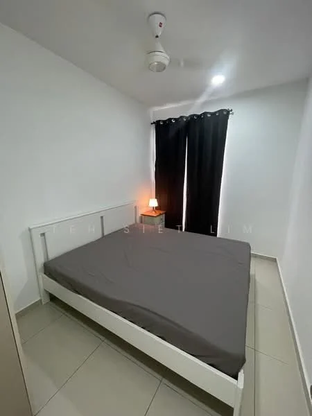 Bedroom features: white painted walls, grey bedding, white bed frame, ceiling fan, black curtains, tile flooring, table lamp, nightstand; style: modern.