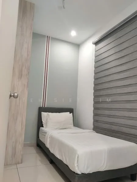 Bedroom features: single bed, white bedding, grey upholstered bed frame, striped accent wall in light green and beige, roller blinds in grey, white tiled flooring, recessed ceiling lights, wall-mounted light fixture; style: modern.