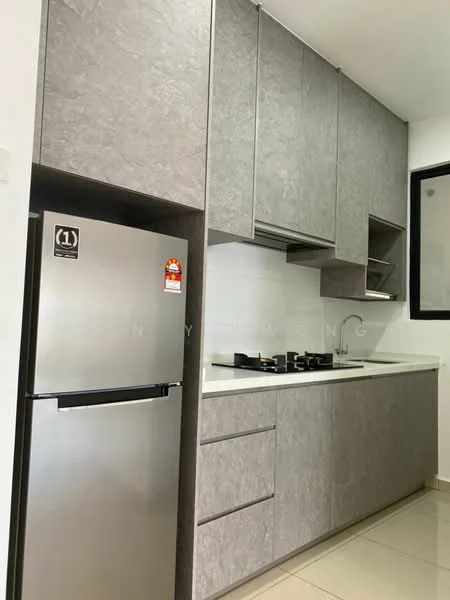 Kitchen features: grey laminate cabinetry, white quartz countertop, stainless-steel fridge, 4-burner gas hob, built-in oven, white tiled backsplash, single-bowl stainless-steel sink, chrome pull-down faucet, under-cabinet lighting, ceramic tile flooring, window with black frame; style: modern.