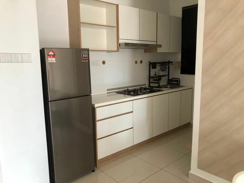 Kitchen features: stainless-steel fridge, built-in oven, 4-burner gas hob, white cabinetry with wood accents, white tiled backsplash, countertop with integrated sink, open shelving, tile flooring; style: modern.