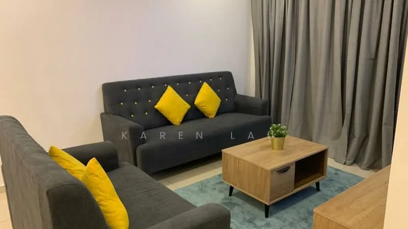 Living features: grey fabric 3-seater sofa, grey fabric 2-seater sofa, yellow decorative cushions, wooden coffee table with storage, light grey curtains, white painted walls, tile flooring, decorative plant in ceramic pot; style: modern.