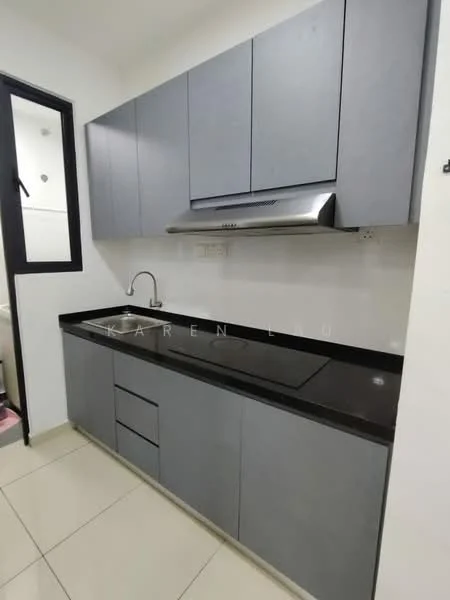 Kitchen features: grey flat-panel cabinets, black granite countertop, stainless-steel range hood, single-bowl stainless-steel sink, chrome pull-down faucet, ceramic tile flooring, white painted walls, recessed downlights; style: modern.