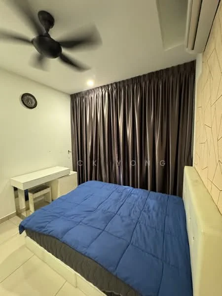 Bedroom features: king-size bed with blue bedding, upholstered headboard, white bedside table, black ceiling fan, dark brown curtains, wall clock, tile flooring, accent wall with geometric pattern, recessed lighting; style: modern.