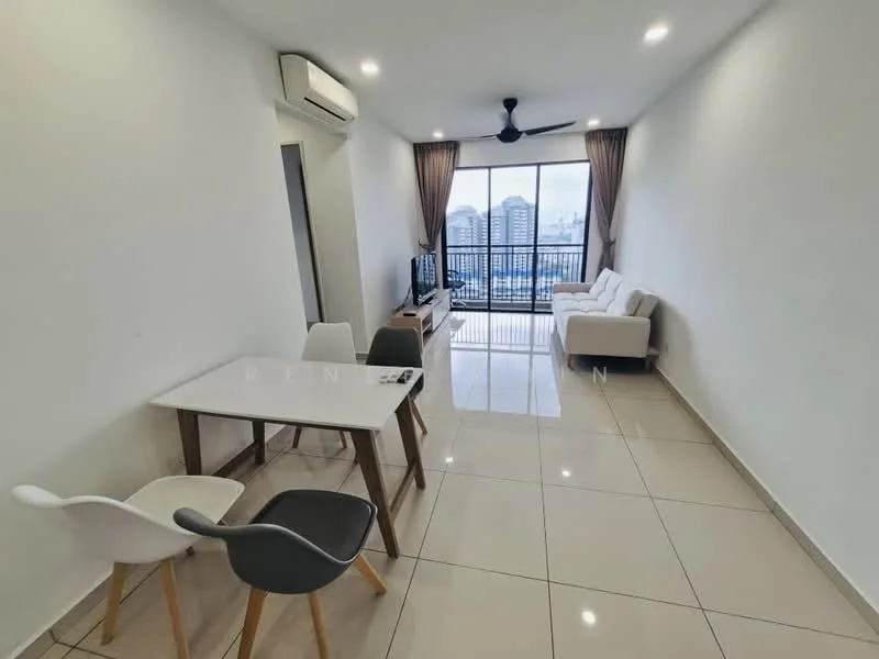 Living features: white painted walls, glossy ceramic tile flooring, 5-blade ceiling fan with light, floor-to-ceiling windows, sliding glass door, curtains, sofa in white fabric, TV console, wall-mounted TV, dining table with 4 chairs; style: modern; view: city.