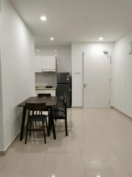 Room features: white painted walls, glossy tile flooring, recessed downlights, kitchenette with white cabinets, black countertop, stainless-steel fridge, dining table with four chairs, door leading to another room, wall-mounted air conditioning unit; style: modern.