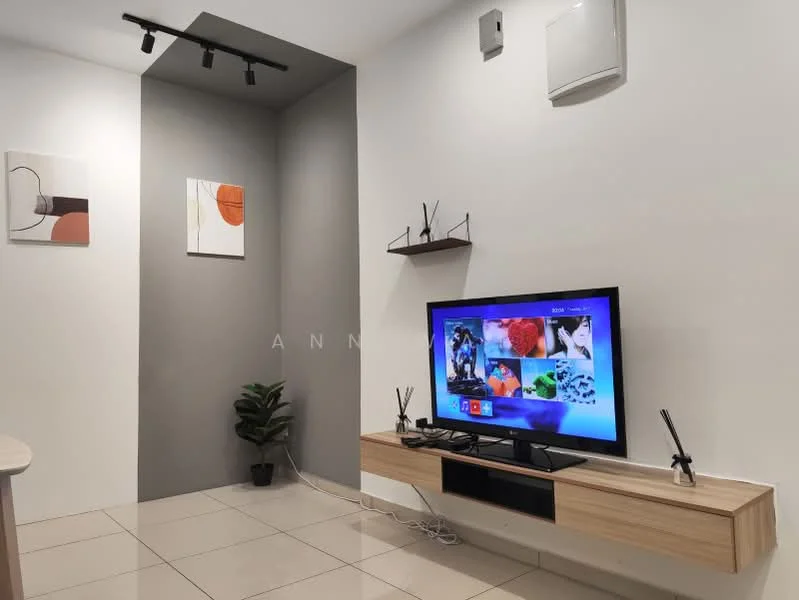 Living features: white painted walls, grey accent wall, tile flooring, wall-mounted TV, wooden TV console, decorative wall shelves, framed artwork, indoor plant, track lighting, air conditioning unit; style: modern.