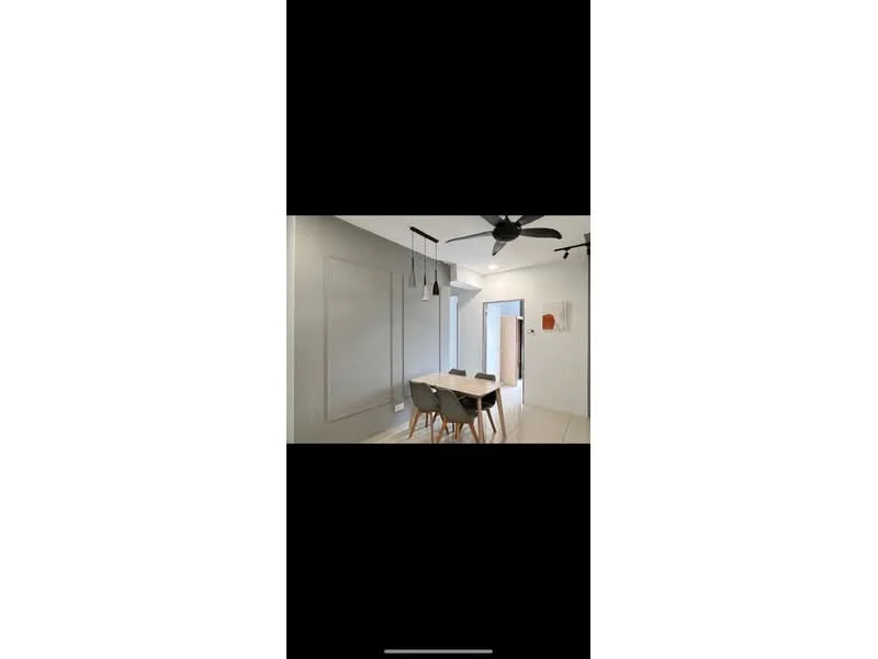 Dining features: dining table with 4 chairs, pendant lighting above table, 5-blade ceiling fan, light grey painted walls, wooden flooring, open layout to hallway, decorative wall panel, neutral color scheme; style: modern.