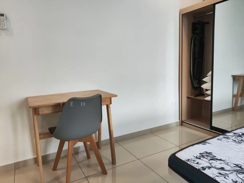 Bedroom features: single bed, grey upholstered headboard, white bedding with floral pattern, wooden study desk, grey chair, full-length mirror wardrobe, tile flooring, white painted walls; style: modern.