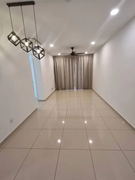Living features: white painted walls, glossy beige tile flooring, 5-blade ceiling fan with light, recessed LED downlights, hanging geometric pendant lights, floor-to-ceiling curtains, sliding glass door, open layout; style: modern.