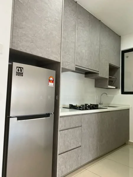 Kitchen features: grey laminate cabinetry, white quartz countertop, stainless-steel fridge, 4-burner gas hob, built-in oven, single-bowl stainless-steel sink, chrome pull-down faucet, white tiled backsplash, under-cabinet lighting, ceramic tile flooring, window with black frame; style: modern.