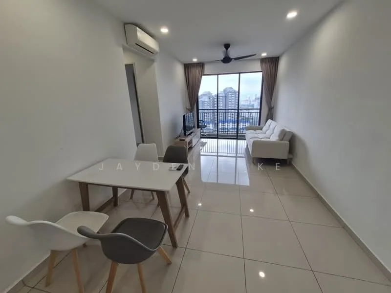 Living features: white painted walls, glossy ceramic tile flooring, 5-blade ceiling fan with light, floor-to-ceiling windows, sliding glass door, beige fabric sofa, TV console, wall-mounted TV, dining table with white top, 4 dining chairs in grey and white, curtains, city view; style: modern; view: city.