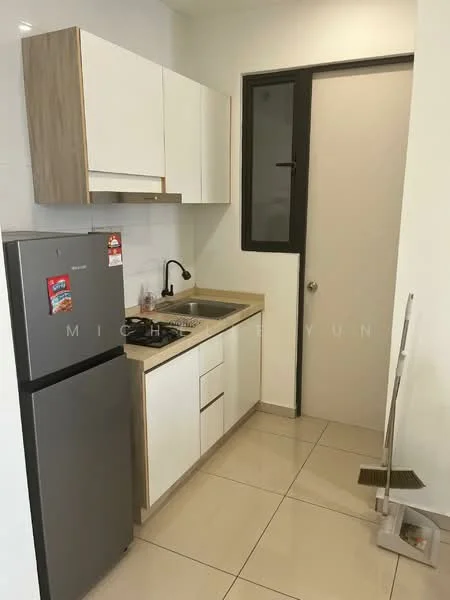 Kitchen features: white cabinetry with wood accents, stainless-steel fridge, single-bowl stainless-steel sink, chrome pull-down faucet, gas stove with 4 burners, countertop in beige, white tiled backsplash, tile flooring, window for natural light, door leading to hallway; style: modern.