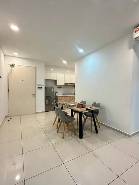 Dining features: white painted walls, glossy ceramic tile flooring, 4-seater dining table, grey dining chairs, recessed LED downlights, kitchen area visible in background, stainless-steel fridge, wall-mounted air conditioning unit; style: modern.