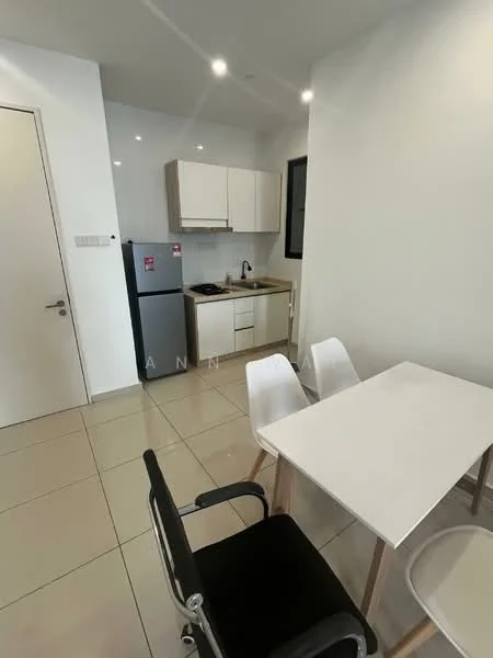 Kitchen features: white cabinetry, black countertop, single-bowl stainless-steel sink, chrome pull-down faucet, stainless-steel fridge, built-in stove, tile flooring, recessed downlights, dining table with white surface, 4 white dining chairs; style: modern.
