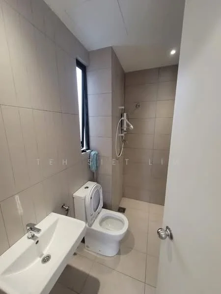 Bathroom features: white toilet, single-sink vanity with chrome faucet, shower with handheld showerhead, tile cladding on walls, ceramic tile flooring, window for natural light, recessed downlights, mirror above sink; style: modern.