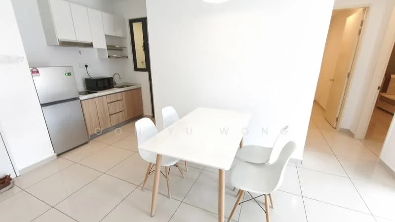 Dining features: white dining table, 4 white chairs with wooden legs, ceramic tile flooring, white painted walls, recessed ceiling light, kitchenette visible in background, stainless-steel fridge, wood cabinetry, black countertop; style: modern.