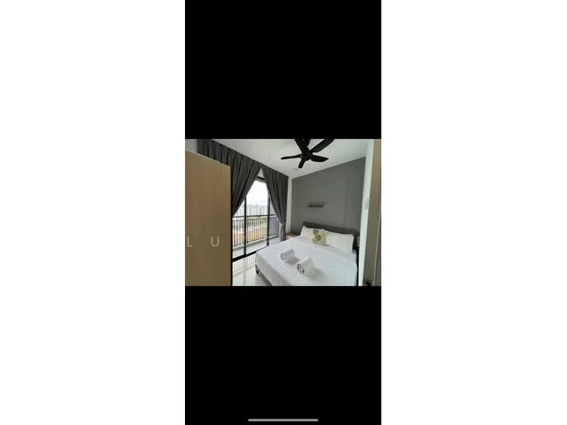 Bedroom features: king-size bed, upholstered headboard, white bedding, 2 bedside lamps, floor-to-ceiling windows, grey curtains, ceiling fan, wooden wardrobe, decorative wall art, neutral wall colour, carpet flooring; style: modern; view: city.