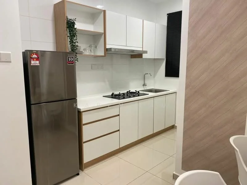 Kitchen features: white cabinets with wood accents, stainless-steel fridge, 4-burner gas hob, stainless-steel range hood, single-bowl stainless-steel sink, white tiled backsplash, white countertop, under-cabinet lighting, ceramic tile flooring, wall-mounted shelves, window with black blinds; style: modern.
