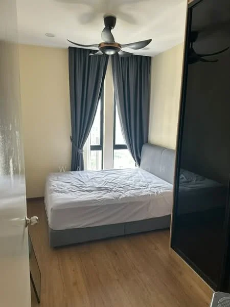 Bedroom features: queen-size bed, upholstered headboard, floor-to-ceiling windows, grey curtains, 5-blade ceiling fan with light, wooden flooring, built-in wardrobe, decorative mirror; style: modern; view: city.