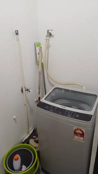 Laundry features: front-load washing machine, washing machine with control panel, mop, cleaning spray bottle, bucket, hose, wall-mounted faucet, white painted walls.