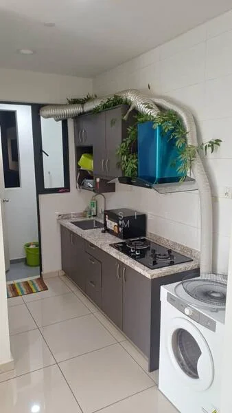 Kitchen features: grey cabinetry, granite countertop, stainless-steel sink, chrome pull-down faucet, 4-burner gas hob, built-in oven, white washing machine, tile flooring, white tiled walls, window with black frame, green plants on shelves, colorful kitchen mat; style: modern.