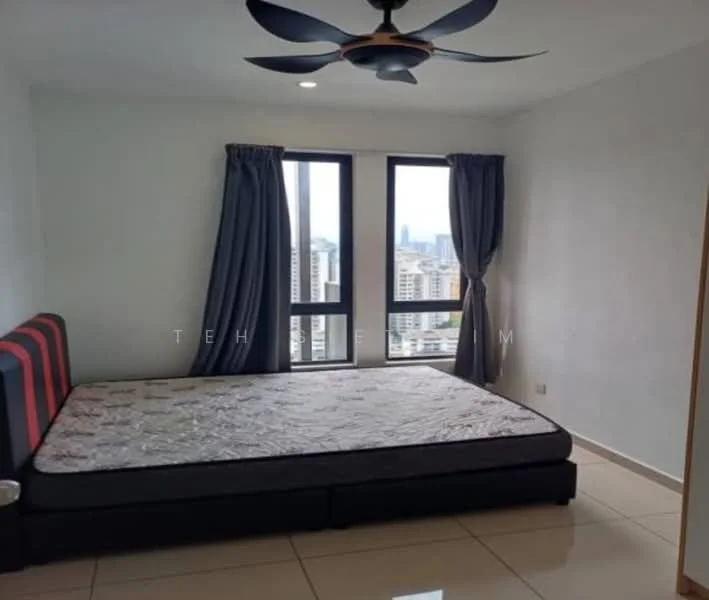 Bedroom features: queen-size bed, black upholstered bed frame, floor-to-ceiling windows, city skyline view, grey curtains, white painted walls, glossy tile flooring, ceiling fan with light; style: modern; view: city.