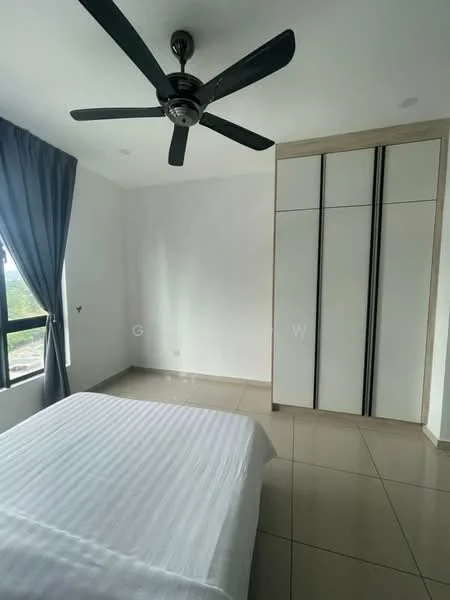 Bedroom features: white painted walls, grey tiled flooring, 5-blade ceiling fan, floor-to-ceiling window, blackout curtains, built-in wardrobe with sliding doors, queen-size bed with white bedding; style: modern; view: city.