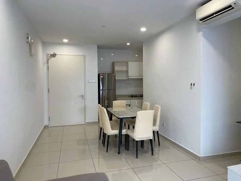 Dining features: dining table with 6 chairs, white walls, tile flooring, recessed downlights, wall-mounted air conditioning unit, open kitchen layout, stainless-steel fridge, kitchen cabinetry, kitchen countertop; style: modern. Room features: white walls, tile flooring, door leading to hallway.