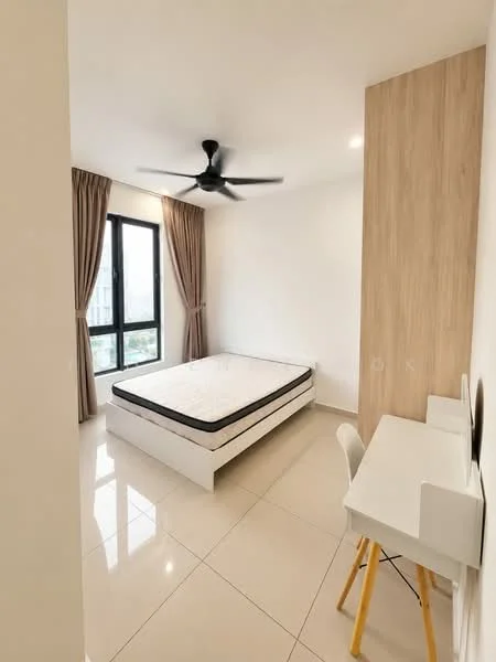 Bedroom features: queen-size bed, white bed frame, ceiling fan, floor-to-ceiling window, curtains, light-colored walls, tile flooring, wood accent wall, study desk, white chair; style: modern; view: city.