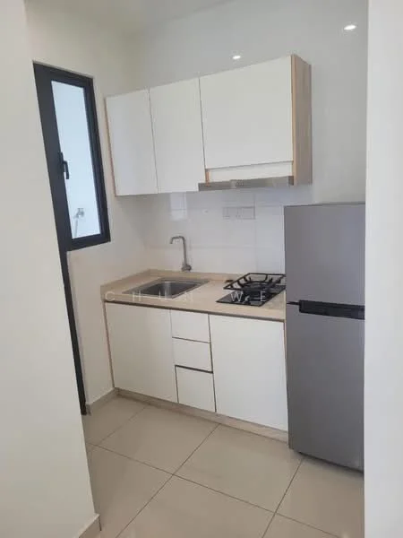 Kitchen features: white cabinetry with wood accents, single-bowl stainless-steel sink, chrome pull-down faucet, granite countertop, built-in gas stove with 4 burners, stainless-steel fridge, white tiled backsplash, light-colored floor tiles, wall-mounted cabinet, window for natural light; style: modern.