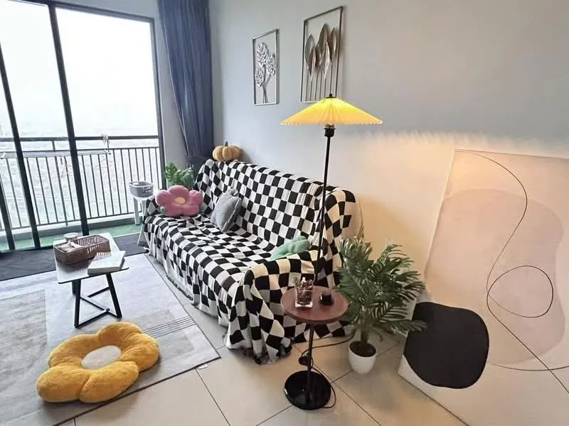 Living features: black and white checkered sofa, yellow floor lamp, small round side table, decorative cushions in various shapes, potted plant, abstract wall art, light-colored area rug, floor-to-ceiling windows with sheer curtains; style: modern; view: city.