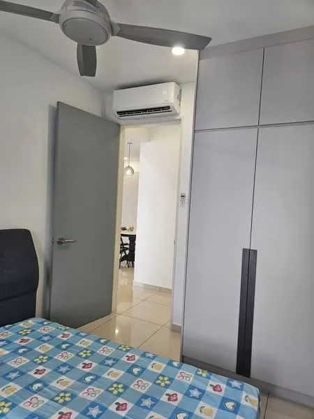 Bedroom features: queen-size bed with patterned bedding, built-in wardrobe with grey finish, 1 wall-mounted split AC, light-colored walls, white ceiling with recessed lighting, tile flooring, door leading to hallway, ceiling fan; style: modern.