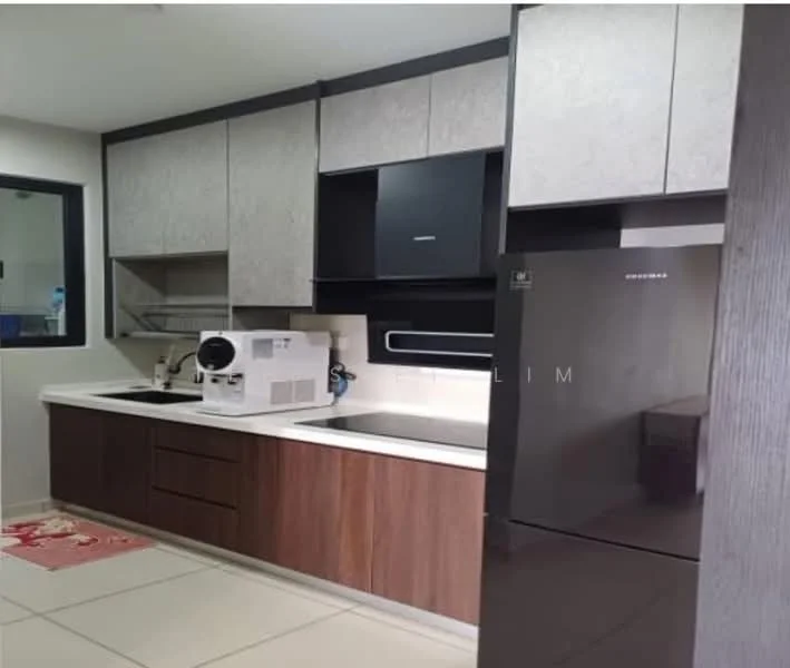Kitchen features: white quartz countertop, brown wooden cabinetry, grey upper cabinets, stainless-steel sink, chrome pull-down faucet, built-in microwave, freestanding refrigerator in black, built-in oven, ceramic tile flooring, wall-mounted range hood, glass backsplash, under-cabinet lighting; style: modern.