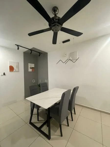 Dining features: white painted walls, marble dining table, 4 upholstered dining chairs in grey, ceiling fan with 3 blades, recessed lighting, tile flooring, decorative wall art, wall-mounted shelf; style: modern.