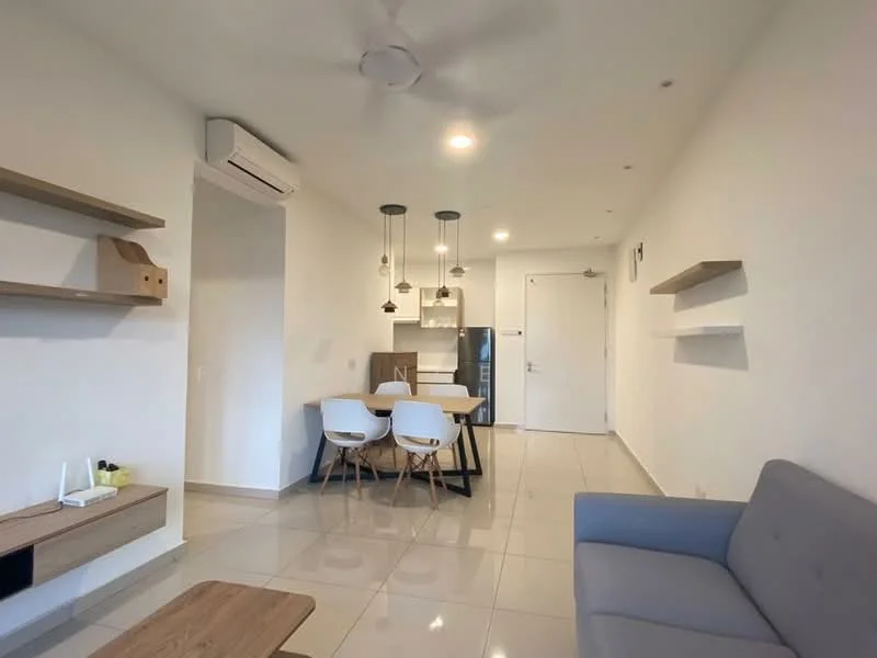 Living features: light grey fabric sofa, wooden coffee table, white dining table, 3 white dining chairs, suspended pendant lights, wall-mounted shelves, air conditioning unit, recessed ceiling lights, glossy tile flooring, white painted walls, door to kitchen, door to hallway; style: modern.