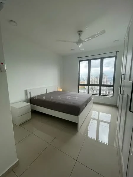 Bedroom features: queen-size bed with grey bedding, white wooden bed frame, nightstand with lamp, floor-to-ceiling windows, white painted walls, glossy ceramic tile flooring, ceiling fan with light, built-in wardrobe with sliding doors; style: modern; view: city.