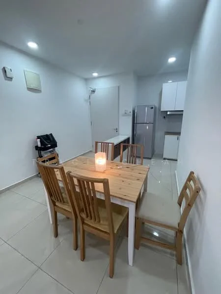 Dining features: wooden dining table, 4 wooden dining chairs, ceramic tile flooring, white painted walls, recessed LED downlights, fridge, kitchen cabinetry, wall-mounted air conditioning unit; style: modern.