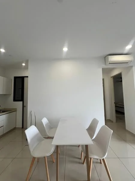 Dining features: white walls, tile flooring, dining table with white surface, 4 white plastic dining chairs, recessed LED downlights, wall-mounted split AC; style: modern. Room features: open layout, doorway leading to another room.