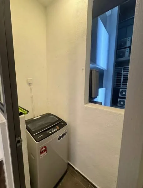 Laundry features: top-load washing machine, white painted walls, tile flooring, window for natural light, electrical outlet, space for additional storage, ventilation unit; style: modern.