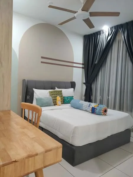 Bedroom features: queen-size bed with grey upholstered headboard, white bedding with decorative pillows, wooden bedside table, wooden chair, ceiling fan with light, floor-to-ceiling windows with grey curtains, light-colored wall with arch design, tiled flooring, decorative throw blanket, wall-mounted artwork; style: modern.