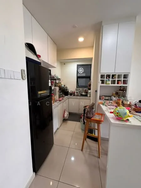 Kitchen features: black refrigerator, white cabinetry, grey countertop, stainless-steel sink, chrome faucet, ceramic tile flooring, wall-mounted shelves, window with circular design, kitchen island with seating, various kitchen appliances, open layout, light-colored walls, under-cabinet lighting; style: modern.