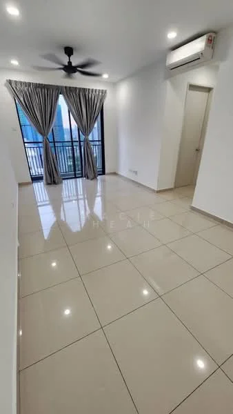 Living features: large floor-to-ceiling windows, grey sheer curtains, white painted walls, polished ceramic tile flooring, 5-blade ceiling fan with light, wall-mounted split AC, balcony access, neutral color scheme; style: modern; view: city.