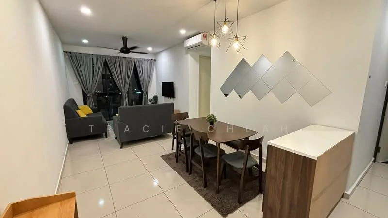 Living features: grey fabric sofa, 3-seater sofa, area rug, wall-mounted TV, ceiling fan, recessed downlights, floor-to-ceiling windows, curtains, decorative wall mirrors; style: modern; view: city. Dining features: 6-seater wooden dining table, upholstered dining chairs, sideboard, decorative mirror, tile flooring; style: modern.