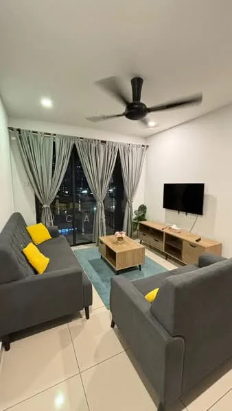 Living features: 2-seater fabric sofa in grey, 3-seater fabric sofa in grey, yellow accent cushions, wood coffee table, TV console, wall-mounted TV, area rug in blue, floor-to-ceiling windows, sheer curtains, 5-blade ceiling fan with light, recessed downlights, ceramic tile flooring, decorative plant in ceramic pot; style: modern; view: city.