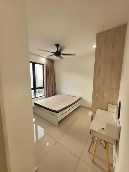 Bedroom features: queen-size bed, 5-blade ceiling fan, floor-to-ceiling windows, curtains, light-colored walls, tile flooring, wood accent wall, study desk with chair; style: modern.